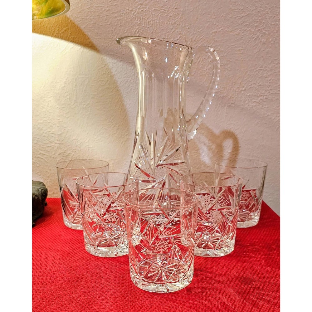 Bohemian Hand Cut Crystal 54oz Pitcher and 5 Double Old Fashioned Rocks Glasses